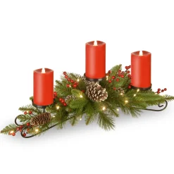 Best Sale National Tree Company 30" Battery Operated Bristle Berry Centerpiece With Three Candles