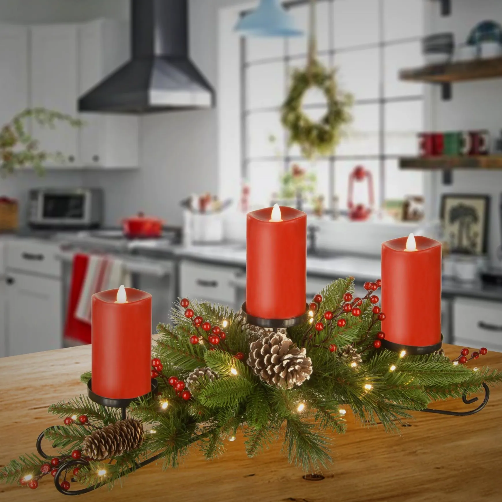 Best Sale National Tree Company 30" Battery Operated Bristle Berry Centerpiece With Three Candles