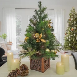 Hot National Tree Company 3' Christmas Yuletide Glam Decorated Table Top Tree In Pot, 35 Warm White Led Lights- Battery Operated With Remote Control