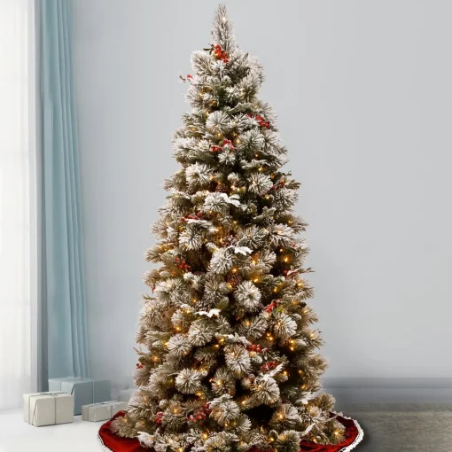 Online National Tree Company 7.5 Ft. Snowy Bedford Slim Pine Tree With Clear Lights