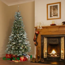 Fashion National Tree Company 6.5 Ft Snowy Morgan Spruce Slim Tree With Clear Lights