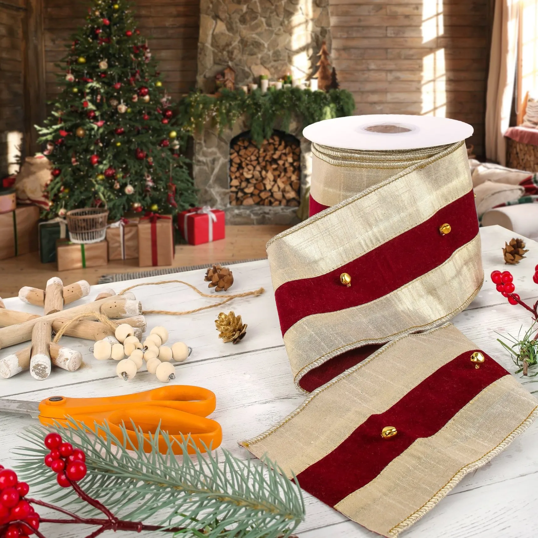 Store National Tree Company 3" Hgtv Home Collection Double-Fused Sleigh Bell Ribbon