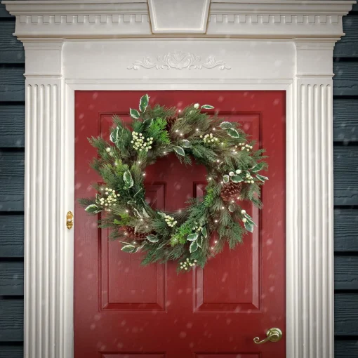 New National Tree Company 28" Hgtv Home Collection Pre-Lit Holly And Berry Wreath