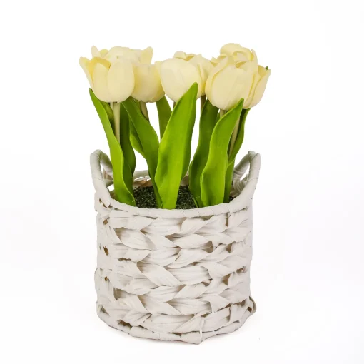 10" Light Yellow Tulip Bouquet In White Basket^National Tree Company Outlet
