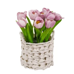 Store National Tree Company 10" Mauve Tulip Bouquet In White Basket