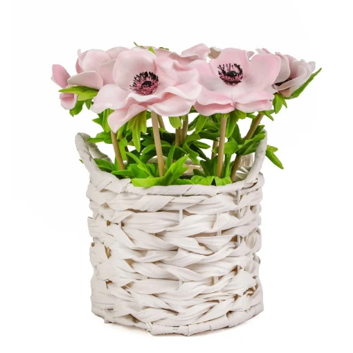 10" Pink Anemone Flower Bouquet In White Basket^National Tree Company Sale