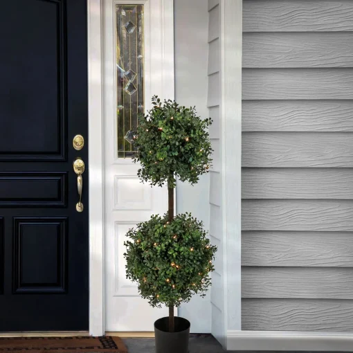 Shop National Tree Company 46" Pre-Lit Boxwood Double Ball Topiary In Black Nursery Pot