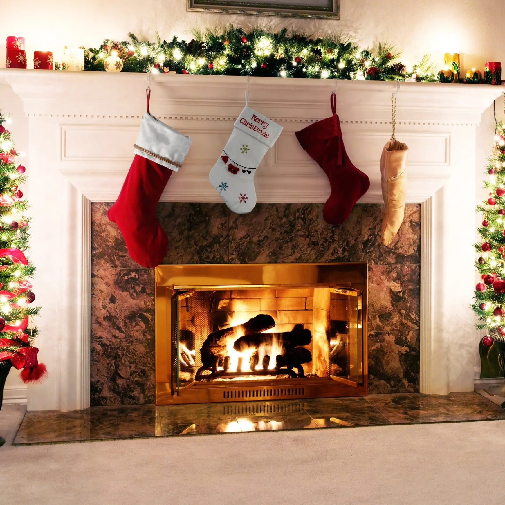 Store National Tree Company 18" White Merry Christmas Stocking With Snowflakes