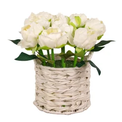 10" White Peony Flower Bouquet In White Basket^National Tree Company Outlet