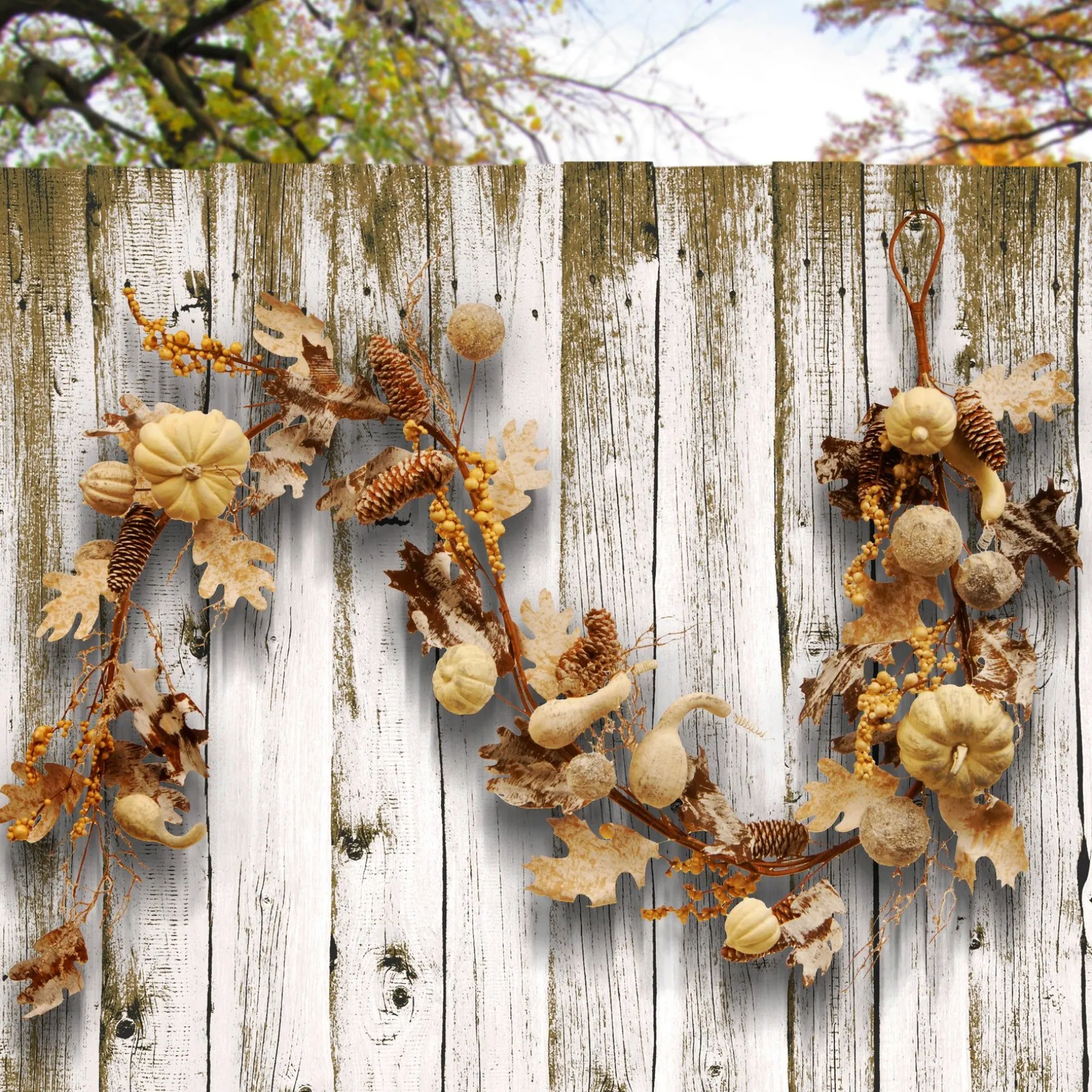 Store National Tree Company Artificial Autumn Garland, White, Made With Pumpkins, Gourds, Maple Leaves, Pinecones, Berry Clusters, Autumn Collection, 6 Ft