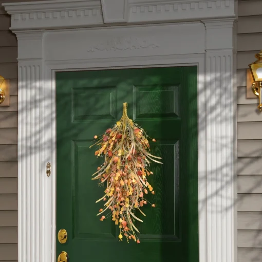 Outlet National Tree Company Artificial Autumn Teardrop Decoration, Decorated With Seed Stalks, Straw Fronds, Assorted Leaves, Autumn Collection, 30 Inches