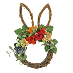 Hot National Tree Company Artificial Bunny Shaped Hanging Wreath, Woven Branch Base, Decorated With Colorful Flower Blooms, Berry Clusters, Leafy Greens, Easter Collection, 17 Inches