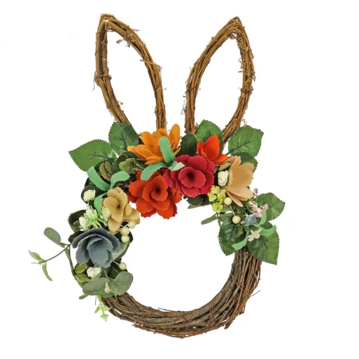 Hot National Tree Company Artificial Bunny Shaped Hanging Wreath, Woven Branch Base, Decorated With Colorful Flower Blooms, Berry Clusters, Leafy Greens, Easter Collection, 17 Inches