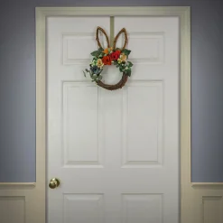 Hot National Tree Company Artificial Bunny Shaped Hanging Wreath, Woven Branch Base, Decorated With Colorful Flower Blooms, Berry Clusters, Leafy Greens, Easter Collection, 17 Inches