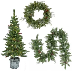 Discount National Tree Company Artificial Buzzard Pine Christmas Assortment, Includes Decorated Entrance Tree, Wreath And Garland Pre-Lit With Warm White Led Lights, Battery Operated & Plug In, 5 Ft