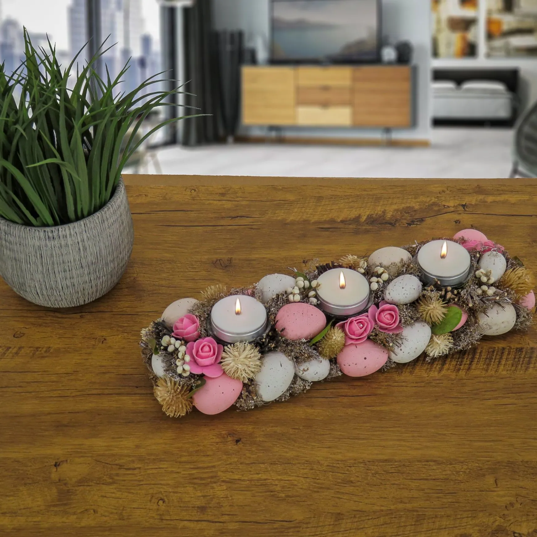 Sale National Tree Company Artificial Candleholder Table Decoration, For Three Candles, Decorated With Pastel Eggs, Flower Blooms, Easter Collection, 16 Inches