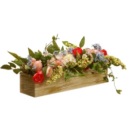 Shop National Tree Company Artificial Candleholder Table Decoration, Wooden Natural Box Base, Decorated With Pink And Red Flower Blooms, Berry Clusters, Pastel Eggs, Holds 3 Pillar Candles, Spring Collection, 20 Inches