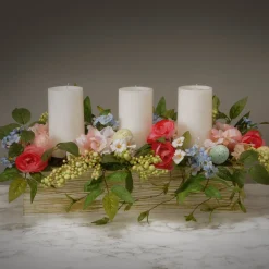 Shop National Tree Company Artificial Candleholder Table Decoration, Wooden Natural Box Base, Decorated With Pink And Red Flower Blooms, Berry Clusters, Pastel Eggs, Holds 3 Pillar Candles, Spring Collection, 20 Inches