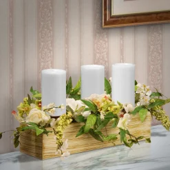 Best Sale National Tree Company Artificial Candleholder Table Decoration, Wooden Natural Box Base, Decorated With Flower Blooms, Berry Clusters, Leafy Greens, Holds 3 Pillar Candles, Spring Collection, 22 Inches