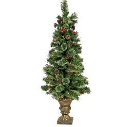 New National Tree Company Artificial Cashmere Cone & Berry Entrance Christmas Tree In Bronze Urn, With Red Berries And Pinecones, Pre-Lit With Clear Incandescent Lights, Plug In, 4.5 Ft