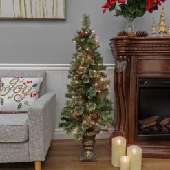 New National Tree Company Artificial Cashmere Cone & Berry Entrance Christmas Tree In Bronze Urn, With Red Berries And Pinecones, Pre-Lit With Clear Incandescent Lights, Plug In, 4.5 Ft