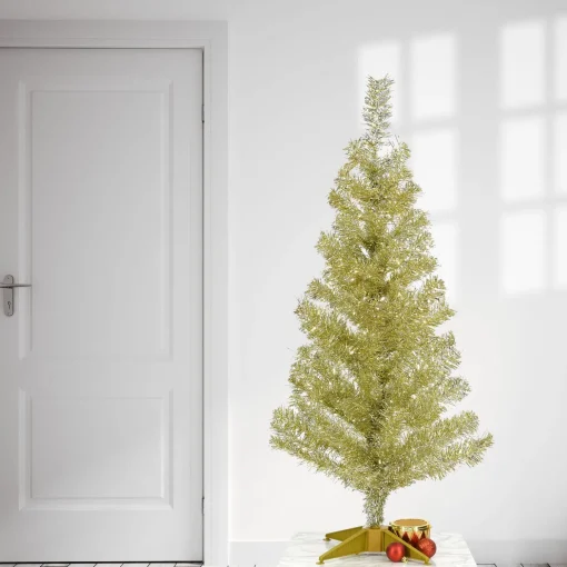 Fashion National Tree Company Artificial Christmas Tree, Champagne Gold Tinsel, Includes Stand, 3 Feet