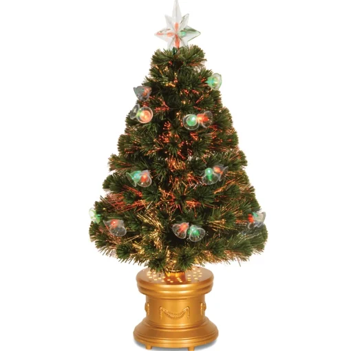 Outlet National Tree Company Artificial Christmas Tree, Green, Evergreen, Fiber Optic, Decorated With Bells, Includes Base, 3 Feet