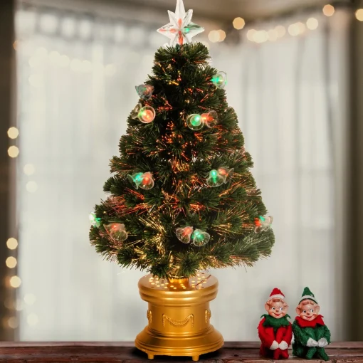 Outlet National Tree Company Artificial Christmas Tree, Green, Evergreen, Fiber Optic, Decorated With Bells, Includes Base, 3 Feet