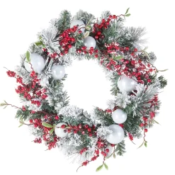 Store National Tree Company Artificial Christmas Wreath, Green, Evergreen, Decorated With Frosted Branches, Ball Ornaments, Berry Clusters, Christmas Collection, 24 Inches