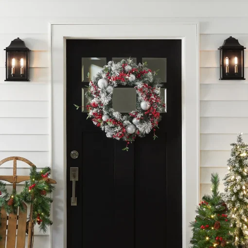 Store National Tree Company Artificial Christmas Wreath, Green, Evergreen, Decorated With Frosted Branches, Ball Ornaments, Berry Clusters, Christmas Collection, 24 Inches