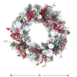 Store National Tree Company Artificial Christmas Wreath, Green, Evergreen, Decorated With Frosted Branches, Ball Ornaments, Berry Clusters, Christmas Collection, 24 Inches