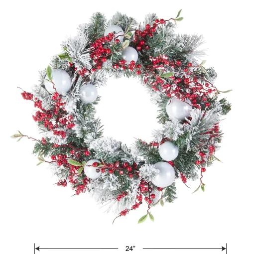 Store National Tree Company Artificial Christmas Wreath, Green, Evergreen, Decorated With Frosted Branches, Ball Ornaments, Berry Clusters, Christmas Collection, 24 Inches
