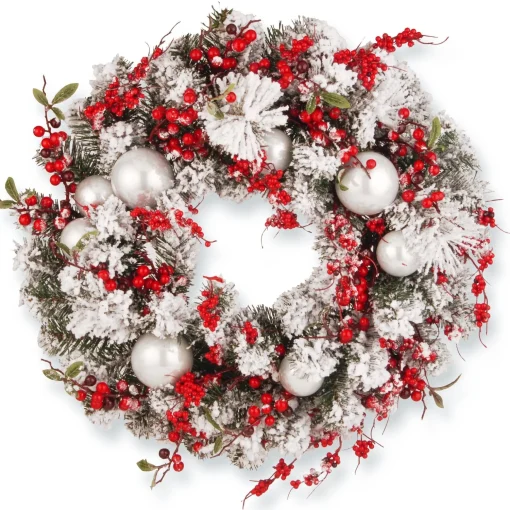 Store National Tree Company Artificial Christmas Wreath, Green, Evergreen, Decorated With Frosted Branches, Ball Ornaments, Berry Clusters, Christmas Collection, 24 Inches