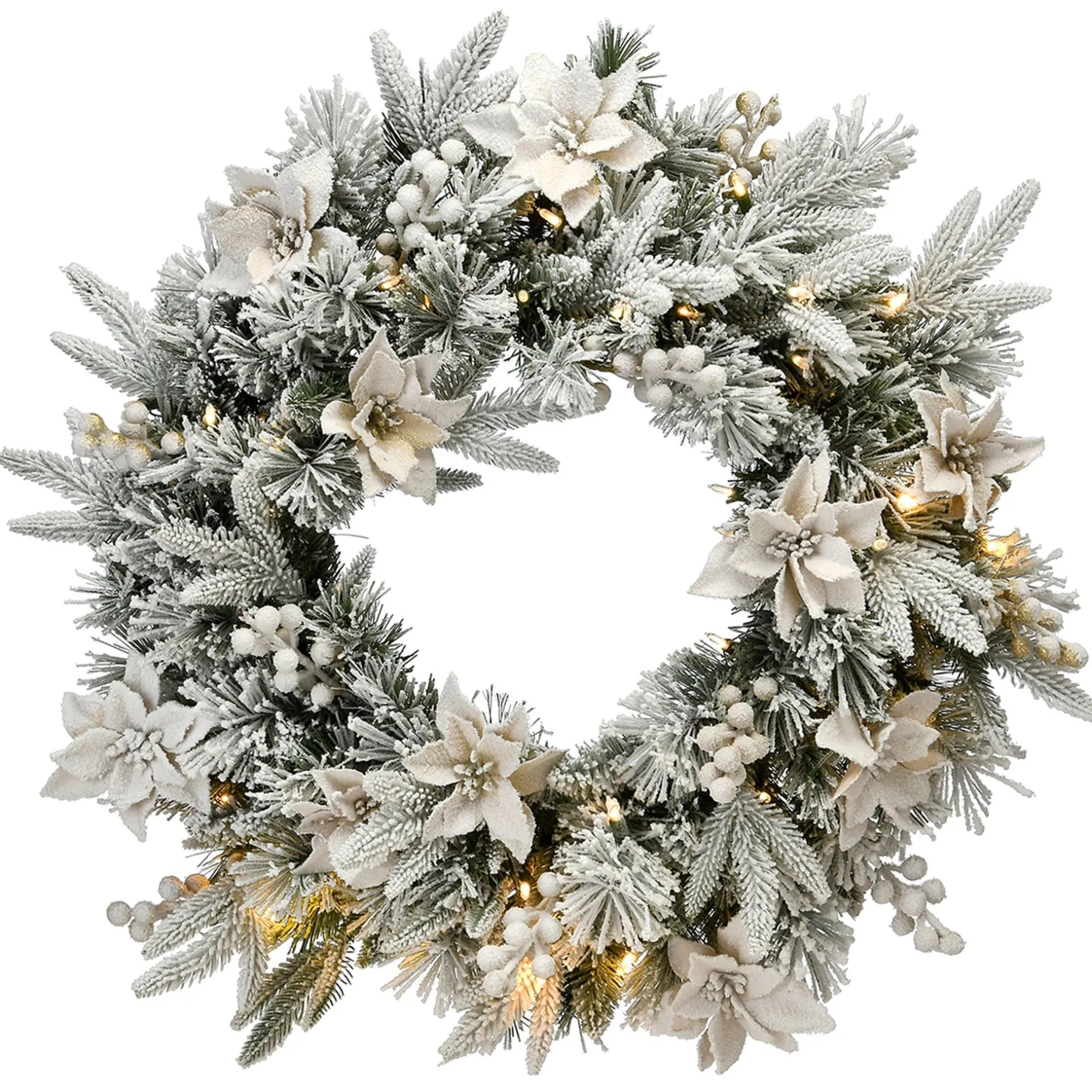 Discount National Tree Company Artificial Christmas Wreath, Green, Colonial Fir, White Lights, Decorated With Berry Clusters, Flowers, Frosted Branches, Christmas Collection, 24 Inches