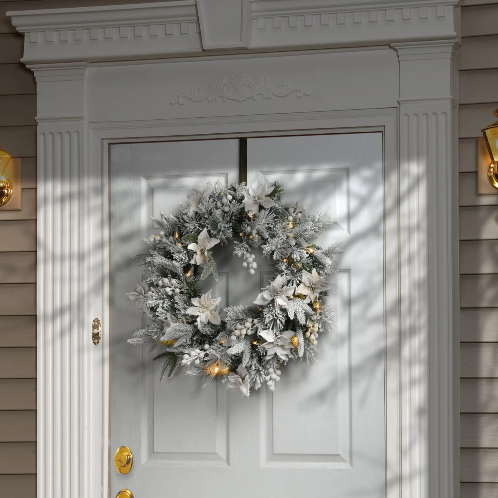 Discount National Tree Company Artificial Christmas Wreath, Green, Colonial Fir, White Lights, Decorated With Berry Clusters, Flowers, Frosted Branches, Christmas Collection, 24 Inches