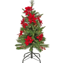 Artificial Colonial Pencil Slim Hinged Christmas Tree With Berries And Poinsettia Flowers, Pre-Lit With Clear Incandescent Lights, Plug In, 3 Ft^National Tree Company New