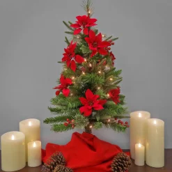 Best National Tree Company Artificial Colonial Pencil Slim Hinged Christmas Tree With Berries And Poinsettia Flowers, Pre-Lit With Clear Incandescent Lights, Plug In, 3 Ft