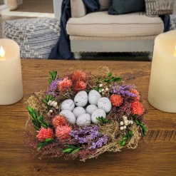 Best Sale National Tree Company Artificial Floral Bird'S Nest Table Decoration, Woven Branch Base, Decorated With Assorted Flowers, Leafy Greens, Pastel Eggs, Easter Collection, 10 Inches