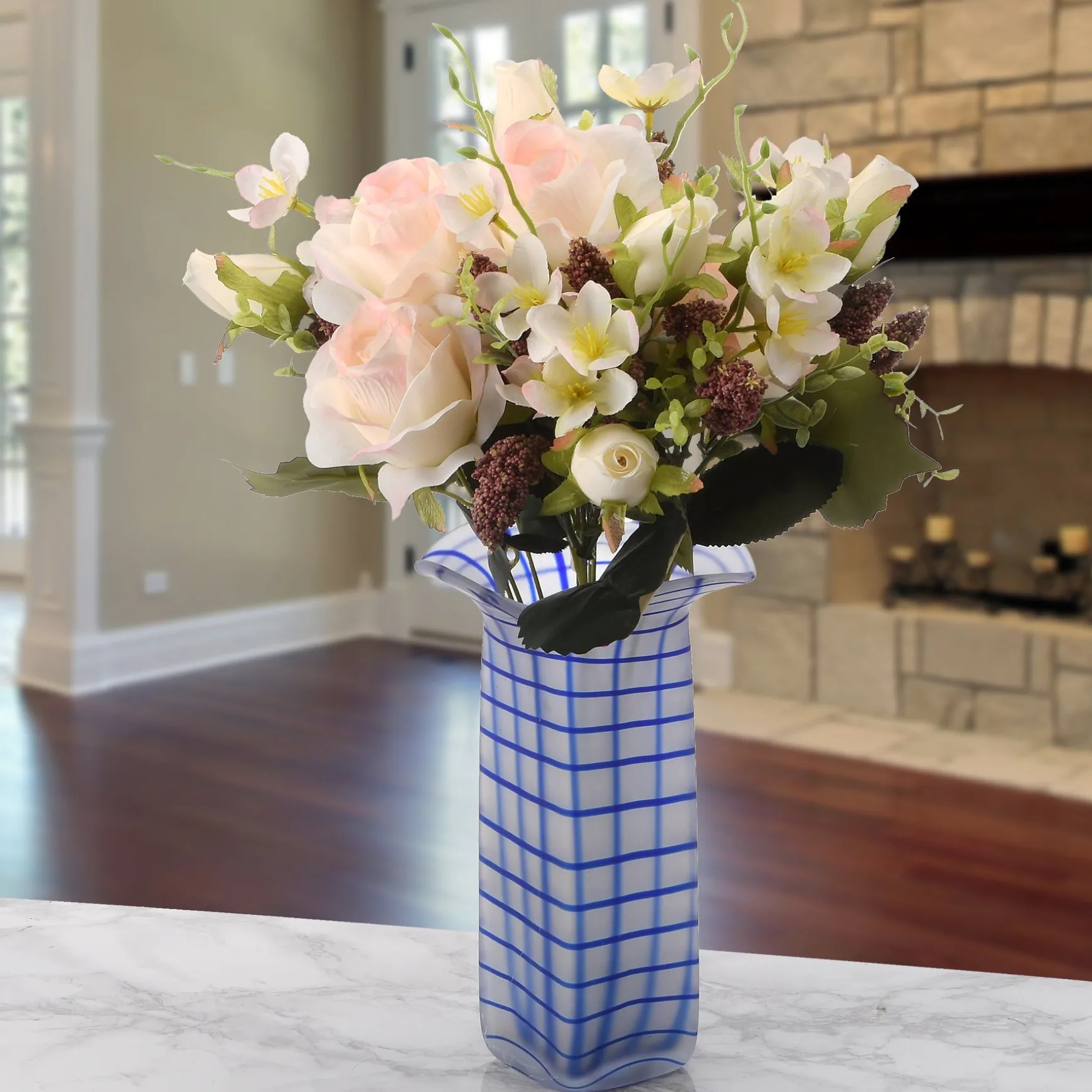 Best National Tree Company Artificial Floral Bouquet, Vine Stem Base, Decorated With Light Pink Rose Blooms, Seed Pods, Leafy Greens, Spring Collection, 19 Inches