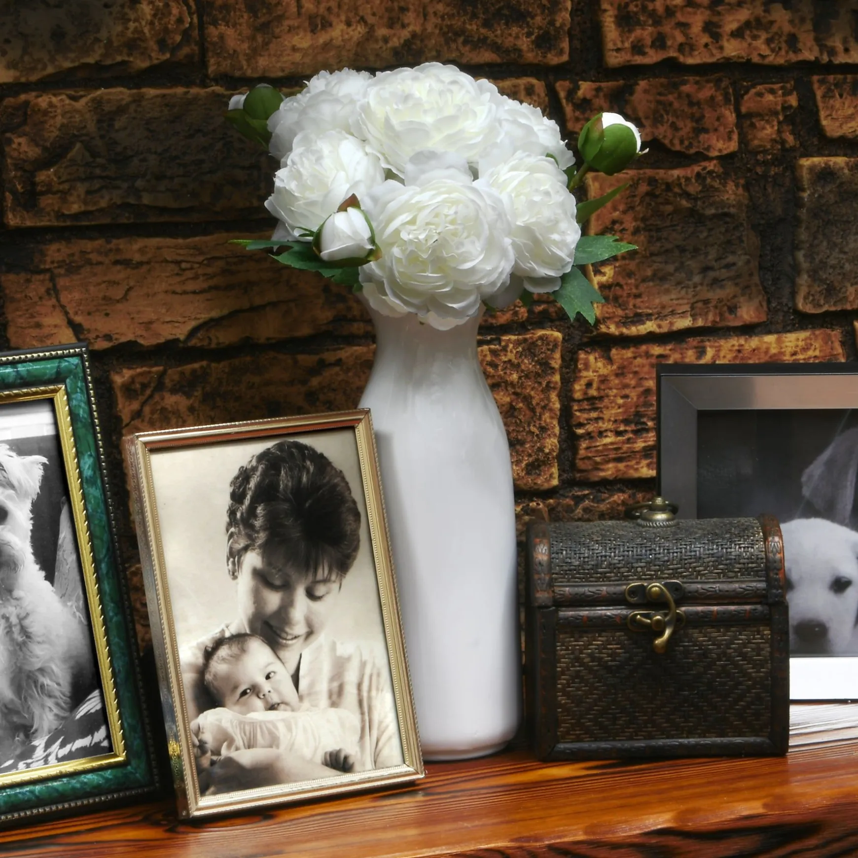 New National Tree Company Artificial Floral Bouquet, Vine Stem Base, Decorated With White Peony Blooms, Leafy Greens, Spring Collection, 13 Inches