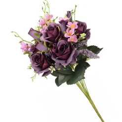 New National Tree Company Artificial Floral Bouquet, Vine Stem Base, Decorated With Deep Purple Rose Blooms, Pink Flowers, Seed Pods, Leafy Greens, Spring Collection, 19 Inches