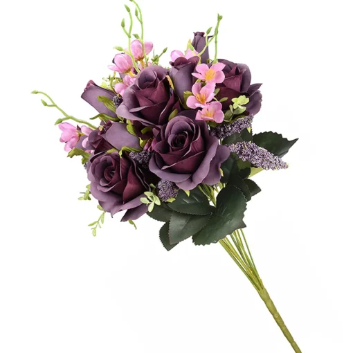 New National Tree Company Artificial Floral Bouquet, Vine Stem Base, Decorated With Deep Purple Rose Blooms, Pink Flowers, Seed Pods, Leafy Greens, Spring Collection, 19 Inches