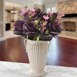 New National Tree Company Artificial Floral Bouquet, Vine Stem Base, Decorated With Deep Purple Rose Blooms, Pink Flowers, Seed Pods, Leafy Greens, Spring Collection, 19 Inches