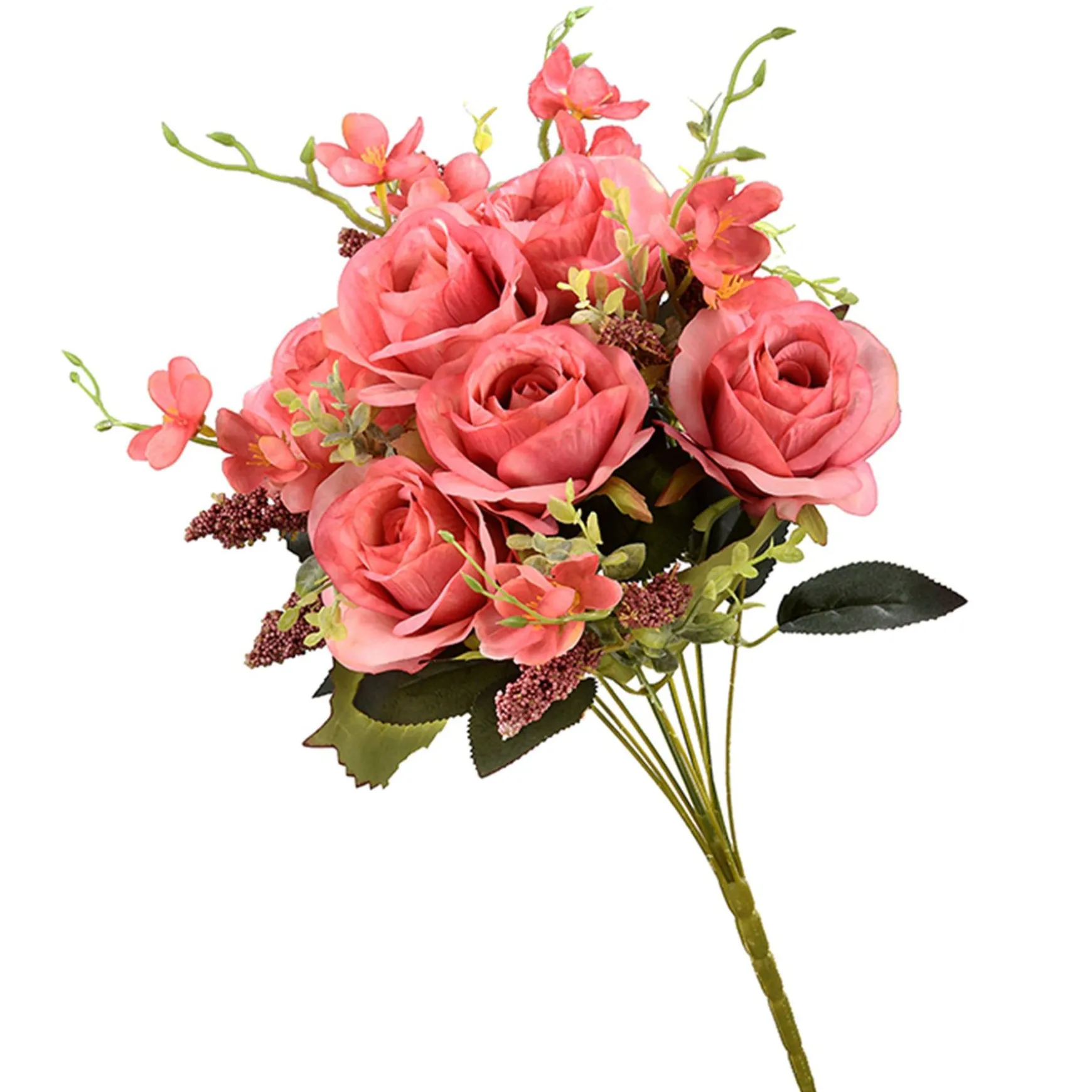 Discount National Tree Company Artificial Floral Bouquet, Vine Stem Base, Decorated With Vibrant Pink Rose Blooms, Seed Pods, Leafy Greens, Spring Collection, 19 Inches