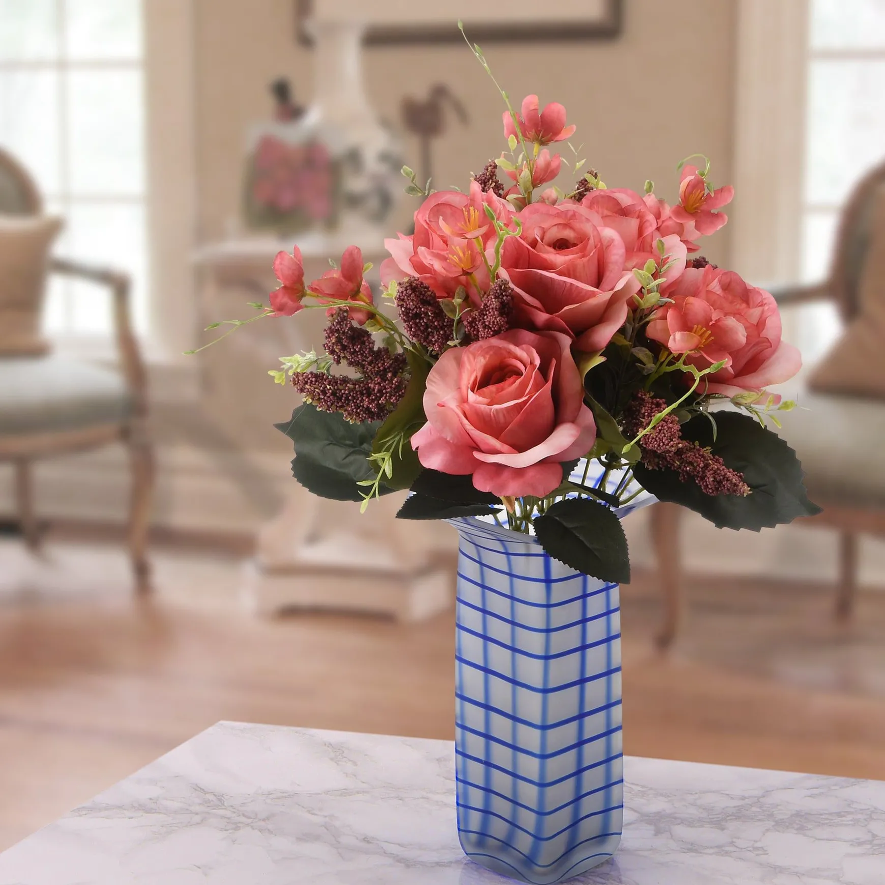 Discount National Tree Company Artificial Floral Bouquet, Vine Stem Base, Decorated With Vibrant Pink Rose Blooms, Seed Pods, Leafy Greens, Spring Collection, 19 Inches