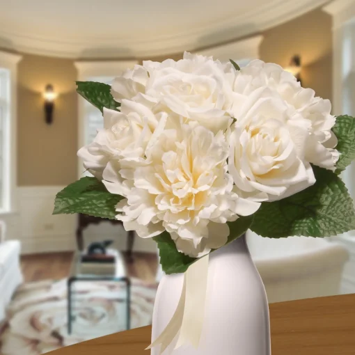 Sale National Tree Company Artificial Floral Bouquet, Vine Stem Base, Decorated With Cream Rose And Peony Blooms, Ribbon, Seed Pods, Leafy Greens, Spring Collection, 12 Inches