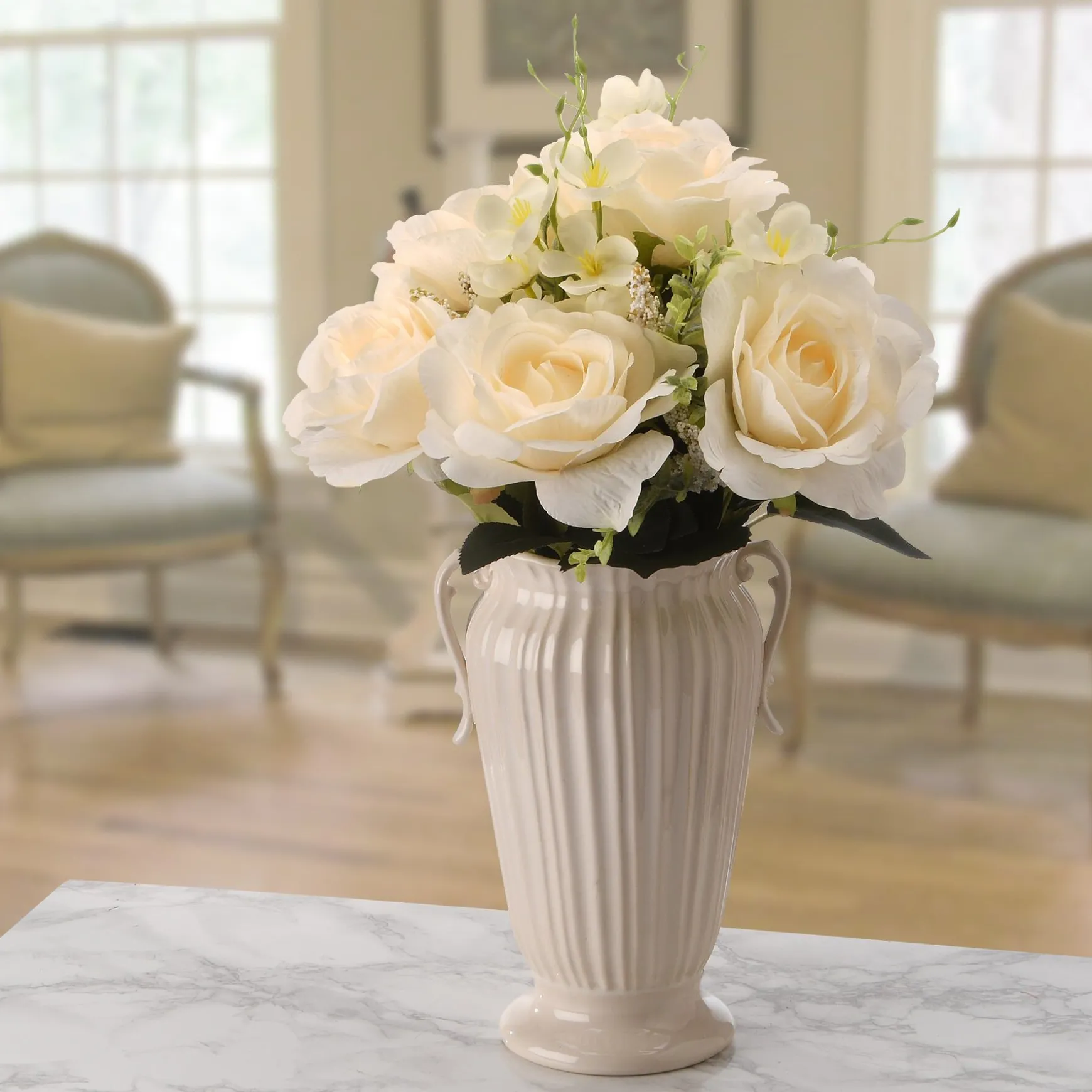 Discount National Tree Company Artificial Floral Bouquet, Vine Stem Base, Decorated With Cream Rose Blooms, Seed Pods, Leafy Greens, Spring Collection, 19 Inches