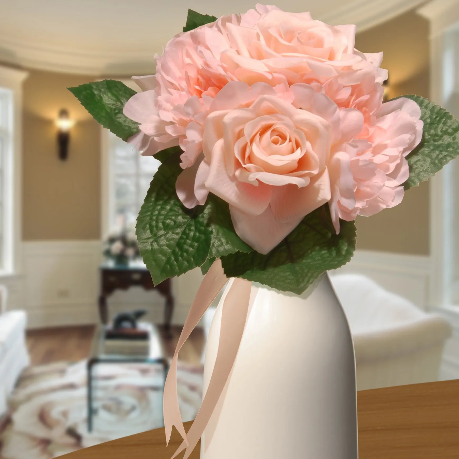 Cheap National Tree Company Artificial Floral Bouquet, Vine Stem Base, Decorated With Pink Rose And Peony Blooms, Ribbon, Seed Pods, Leafy Greens, Spring Collection, 12 Inches