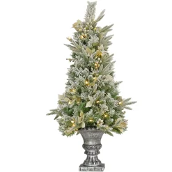 Best National Tree Company Artificial Frosted Colonial Fir Entrance Christmas Tree With Berries And Poinsettia Flowers, Pre-Lit With Warm White Led Lights, Plug In, 4 Ft