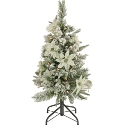 Online National Tree Company Artificial Frosted Colonial Pencil Slim Hinged Christmas Tree With Berries And Poinsettia Flowers, Pre-Lit With Clear Incandescent Lights, Plug In, 3 Ft